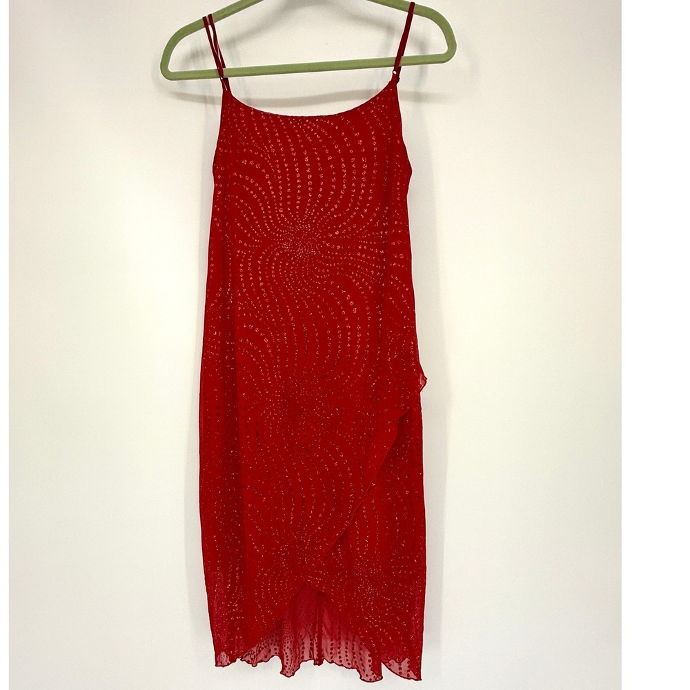Vintage City Triangles Red Sheer‎ Midi Dress Y2K Fairycore Asymmetrical Glam